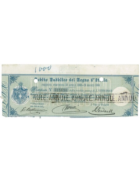 CERTIFICATO DELLA RENDITA ANNUA DI LIRE 25 - 1864
