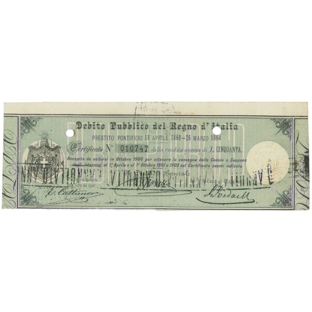 CERTIFICATO DELLA RENDITA ANNUA DI LIRE 50 - 1864