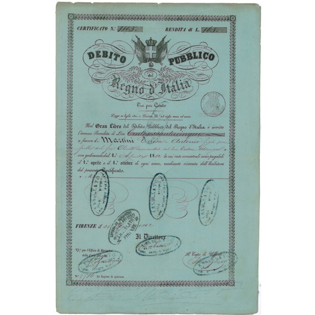CERTIFICATO DI RENDITA DI LIRE 165 - FIRENZE 1862