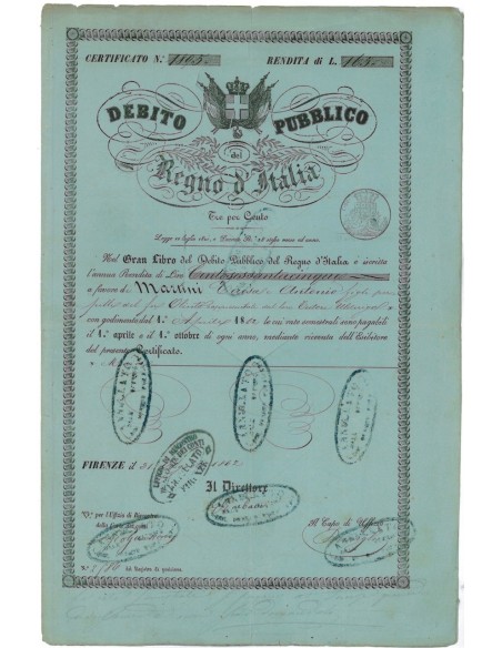 CERTIFICATO DI RENDITA DI LIRE 165 - FIRENZE 1862