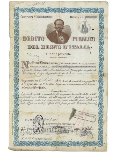 CERTIFICATO DI RENDITA DEB. PUB.REGNO D'ITALIA - ROMA 1883