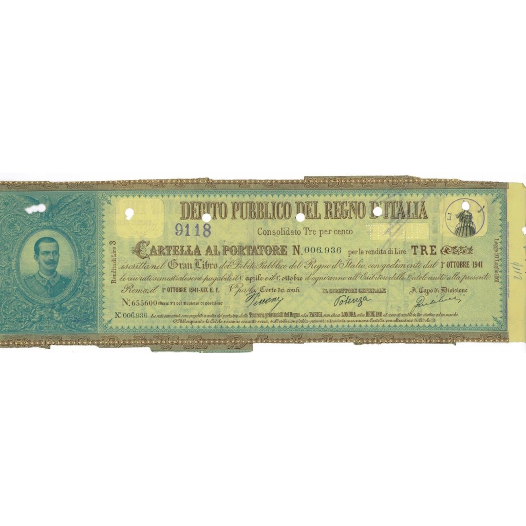 CARTELLA AL PORTATORE RENDITA LIRE TRE- ROMA 1941