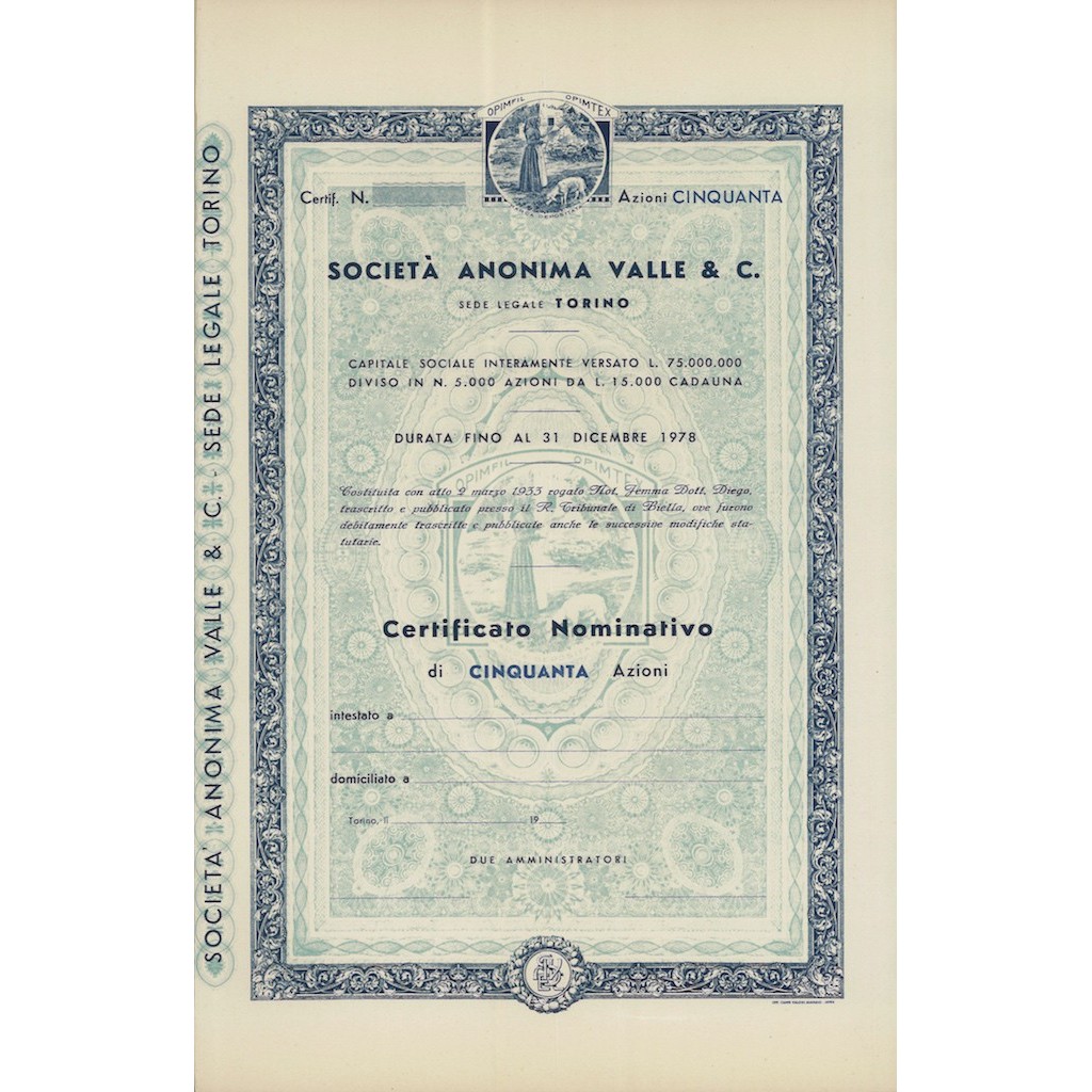 SOCIETA` ANONIMA VALLE & C - 50 AZIONI 1933