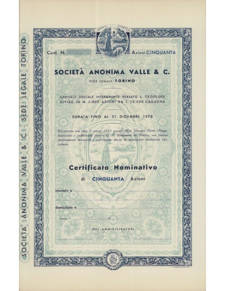 SOCIETA` ANONIMA VALLE & C - 50 AZIONI 1933