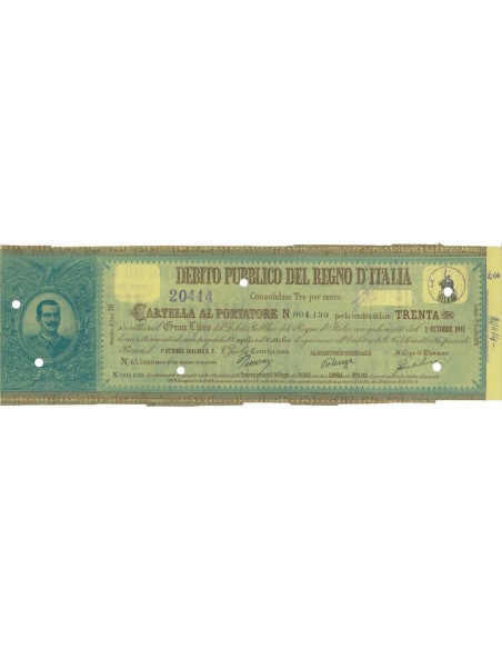 CARTELLA AL PORTATORE RENDITA LIRE 30- ROMA 1941