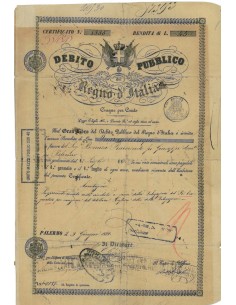 CERTIFICATO DI RENDITA - DEB. PUBBLICO REGNO D'ITALIA PALERMO 1862