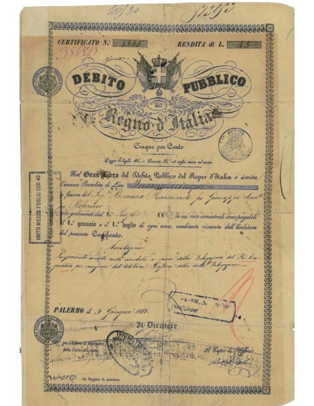 CERTIFICATO DI RENDITA - DEB. PUBBLICO REGNO D'ITALIA PALERMO 1862