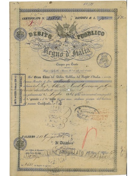 CERTIFICATO DI RENDITA - DEB. PUBBLICO REGNO D'ITALIA PALERMO 1864