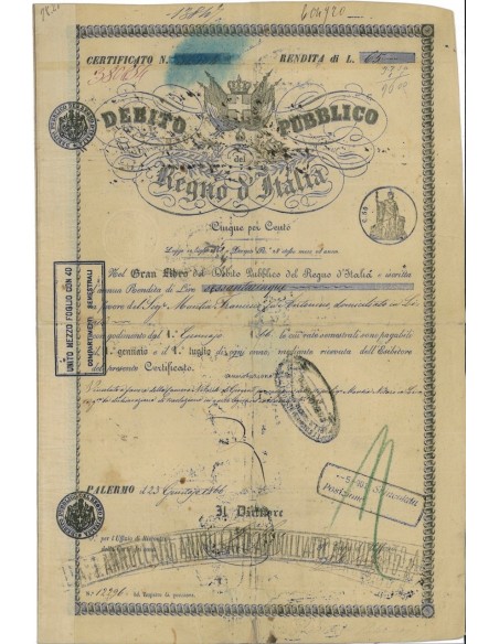 CERTIFICATO DI RENDITA - DEB. PUBBLICO REGNO D'ITALIA PALERMO 1866