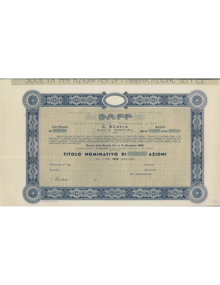 SOC. FABBRICAZIONE DEI FEZ C. SCAVIA TITOLO DI AZIONI MORTARA 1920