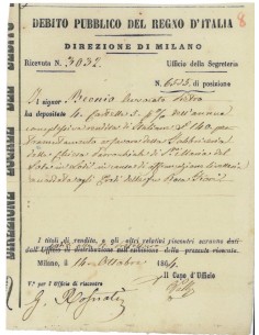 RICEVUTA DEB. PUBBLICO REGNO D'ITALIA - DIREZIONE DI MILANO 1864