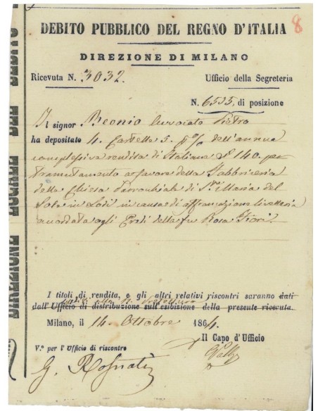 RICEVUTA DEB. PUBBLICO REGNO D'ITALIA - DIREZIONE DI MILANO 1864