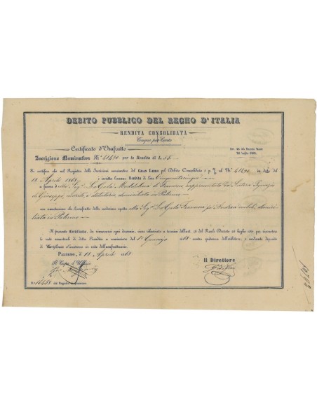 CERTIFICATO D'USUFRUTTO - RENDITA CONSOLIDATA 5% - PALERMO 1868