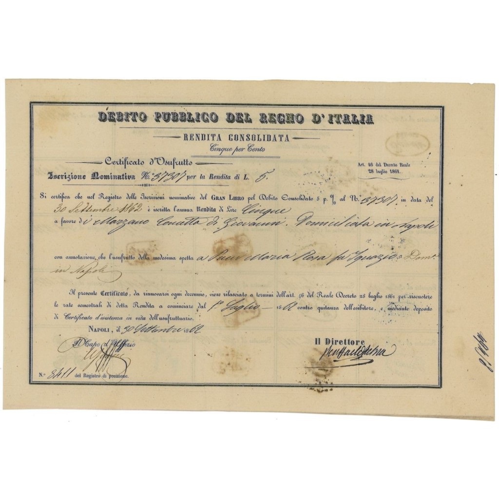 CERTIFICATO D'USUFRUTTO - RENDITA CONSOLIDATA 5% - NAPOLI 1862