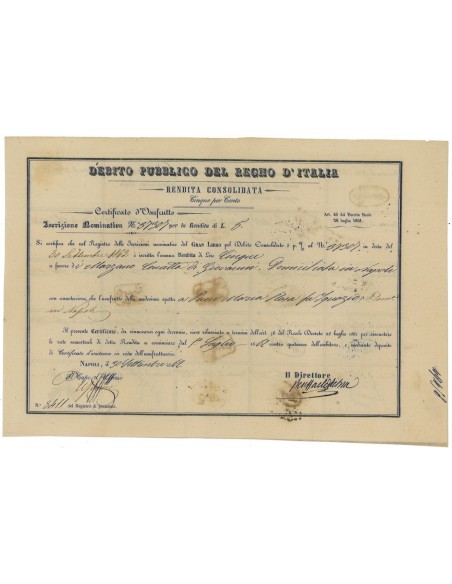 CERTIFICATO D'USUFRUTTO - RENDITA CONSOLIDATA 5% - NAPOLI 1862