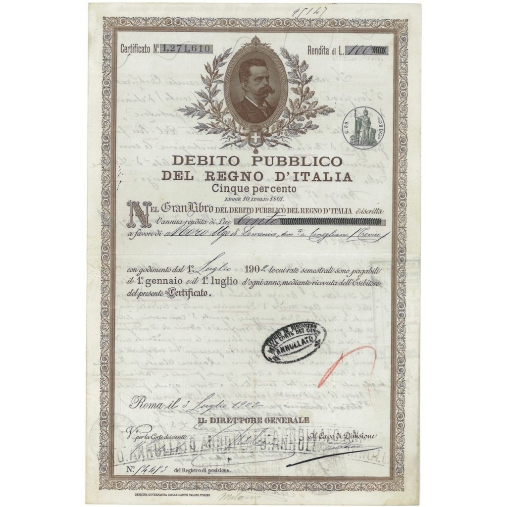 CERTIFICATO DI RENDITA - DEB. PUB. REGNO D'ITALIA 5% ROMA 1902