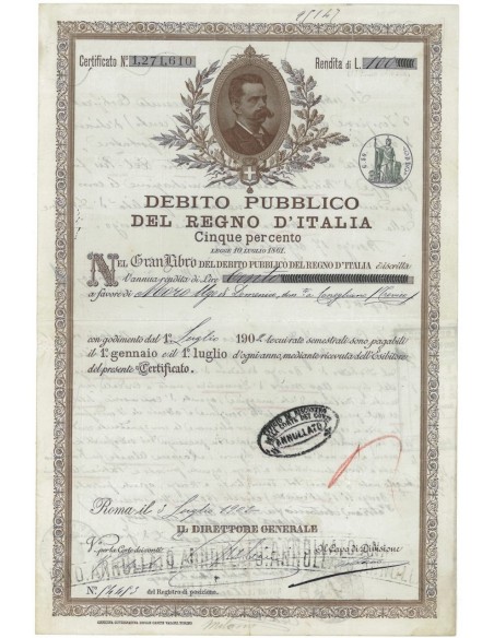 CERTIFICATO DI RENDITA - DEB. PUB. REGNO D'ITALIA 5% ROMA 1902