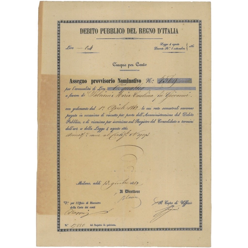 ASSEGNO PROVVISORIO NOMINATIVO 5% - MILANO 1869