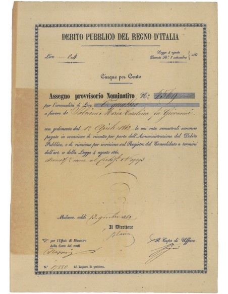 ASSEGNO PROVVISORIO NOMINATIVO 5% - MILANO 1869