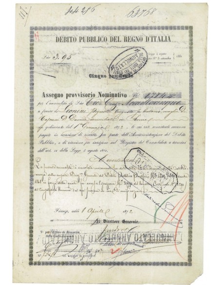 ASSEGNO PROVVISORIO NOMINATIVO 5% - FIRENZE 1872