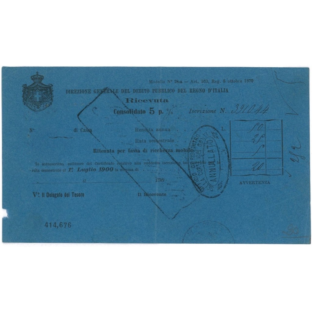 RICEVUTA CONSOLIDATA 5% - DEB. PUBBLICO REGNO D'ITALIA - 1870