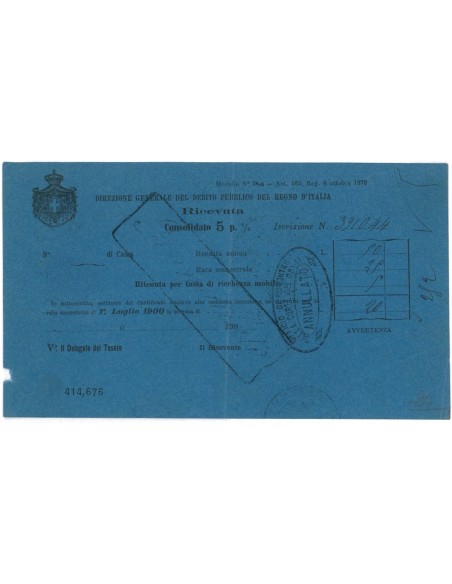 RICEVUTA CONSOLIDATA 5% - DEB. PUBBLICO REGNO D'ITALIA - 1870