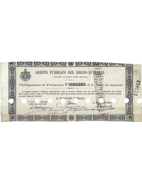 DEB. PUBBLICO REGNO D'ITALIA - OBBLIGAZIONE 500 LIRE - 1866
