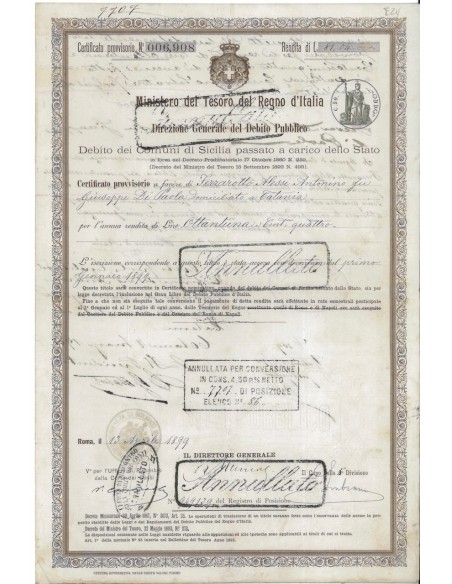CERTIFICATO PROVVISORIO - DEB. PUBBLICO REGNO D'ITALIA ROMA 1899