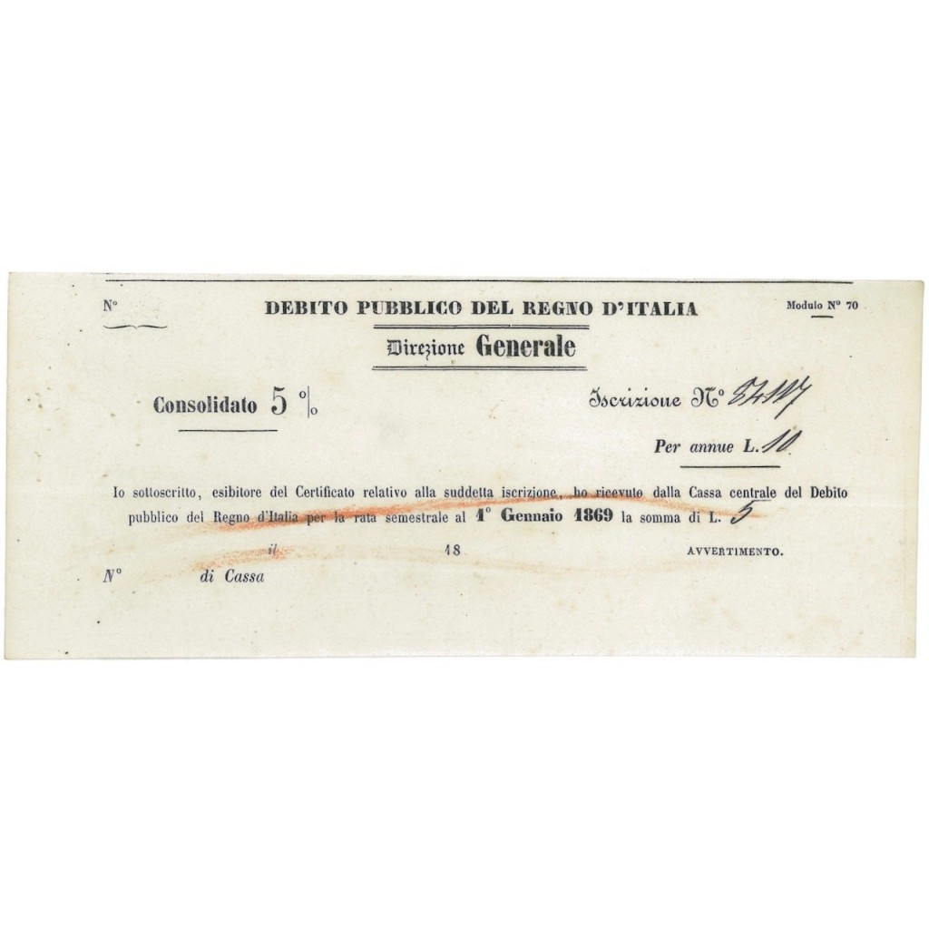 DEBITO CONSOLIDATO 5% - REGNO D'ITALIA - 1869