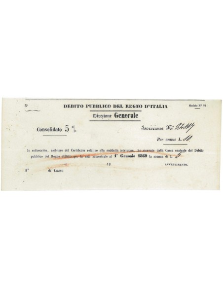 DEBITO CONSOLIDATO 5% - REGNO D'ITALIA - 1869