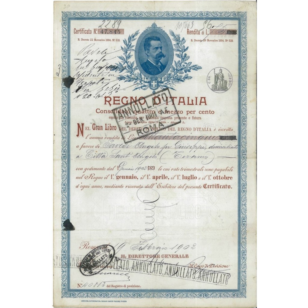 CERTIFICATO CONSOLIDATO 4,5% - DEB. PUBBLICO REGNO D'ITALIA ROMA 1902