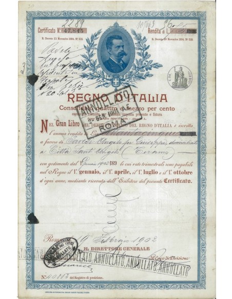 CERTIFICATO CONSOLIDATO 4,5% - DEB. PUBBLICO REGNO D'ITALIA ROMA 1902