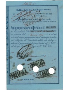 ASSEGNO PROVVISORIO AL PORTATORE - 3,5% DEB. PUB. REGNO D'ITALIA 1904
