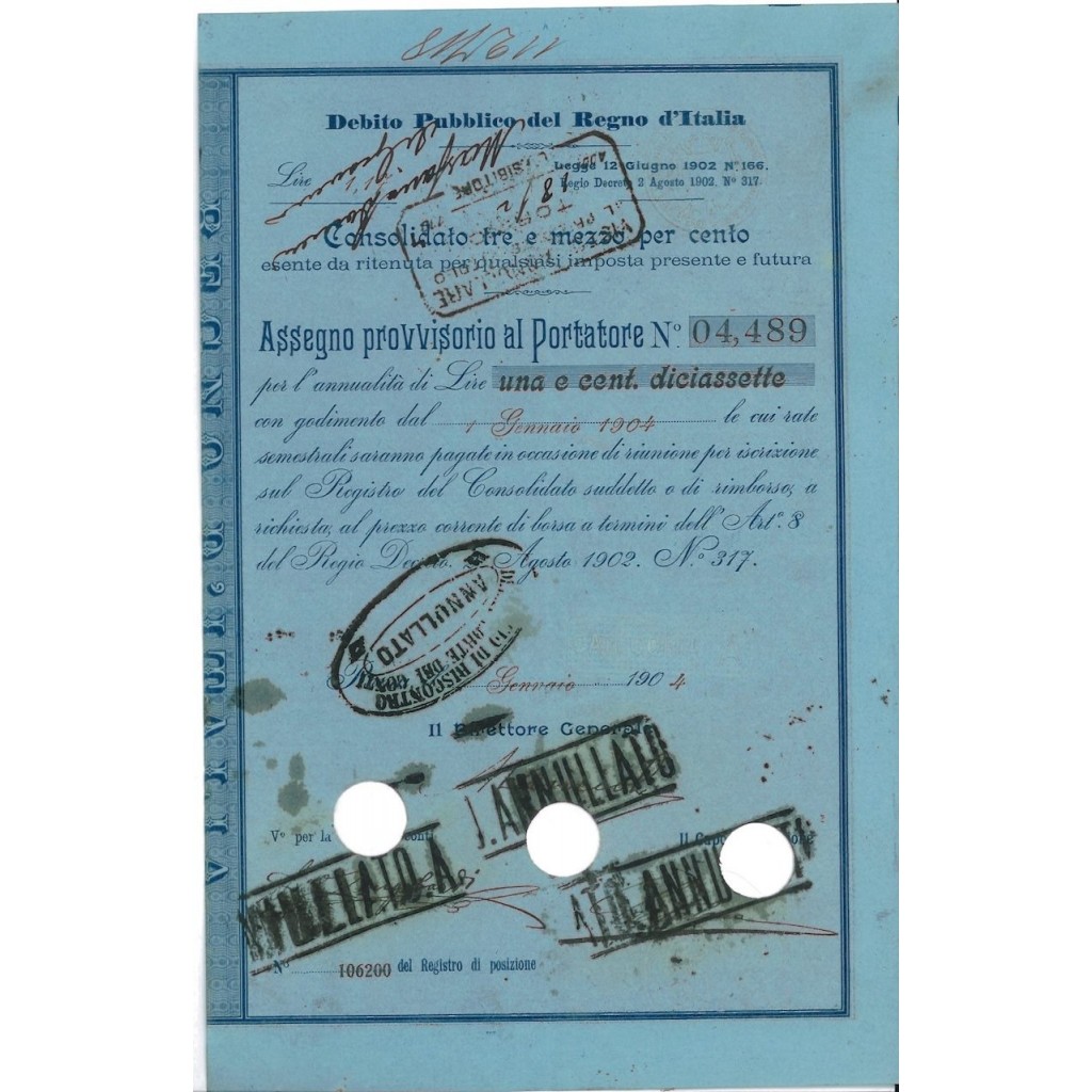 ASSEGNO PROVVISORIO AL PORTATORE - 3,5% DEB. PUB. REGNO D'ITALIA 1904