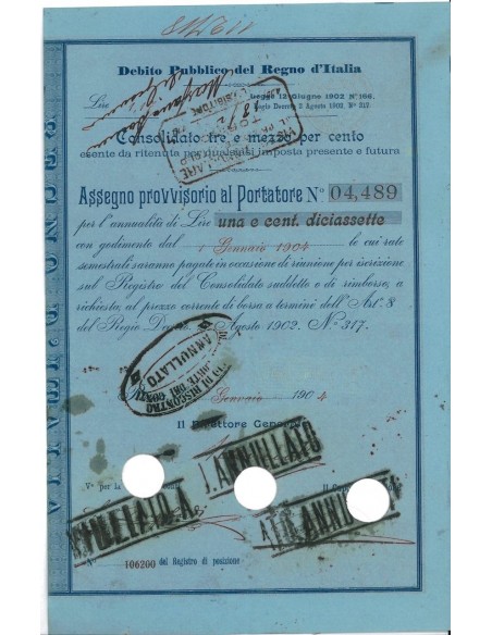 ASSEGNO PROVVISORIO AL PORTATORE - 3,5% DEB. PUB. REGNO D'ITALIA 1904