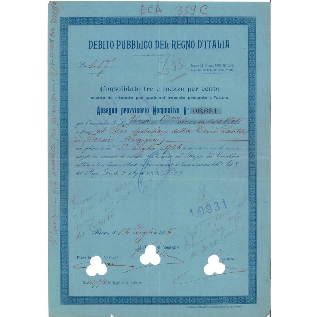 ASSEGNO PROVVISORIO 3,5% - DEB. PUBBLICO REGNO D'ITALIA ROMA 1905