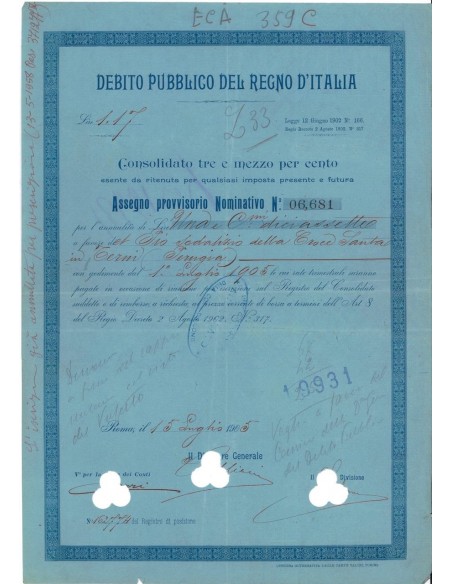 ASSEGNO PROVVISORIO 3,5% - DEB. PUBBLICO REGNO D'ITALIA ROMA 1905