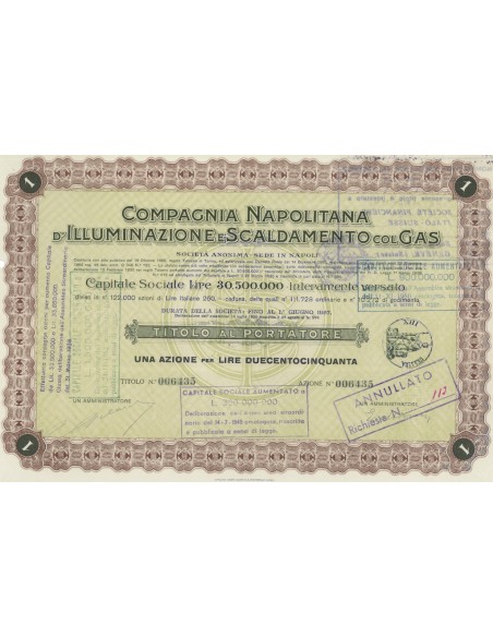 COMPAGNIA NAPOLITANA D' ILLUMINAZIONE E SCALDAMENTO COL GAS - Titolo al portatore per una azione