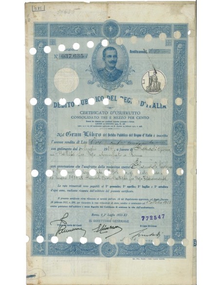 CERTIFICATO D'USUFRUTTO 3,5% - DEB. PUBBLICO REGNO D'ITALIA ROMA 1933