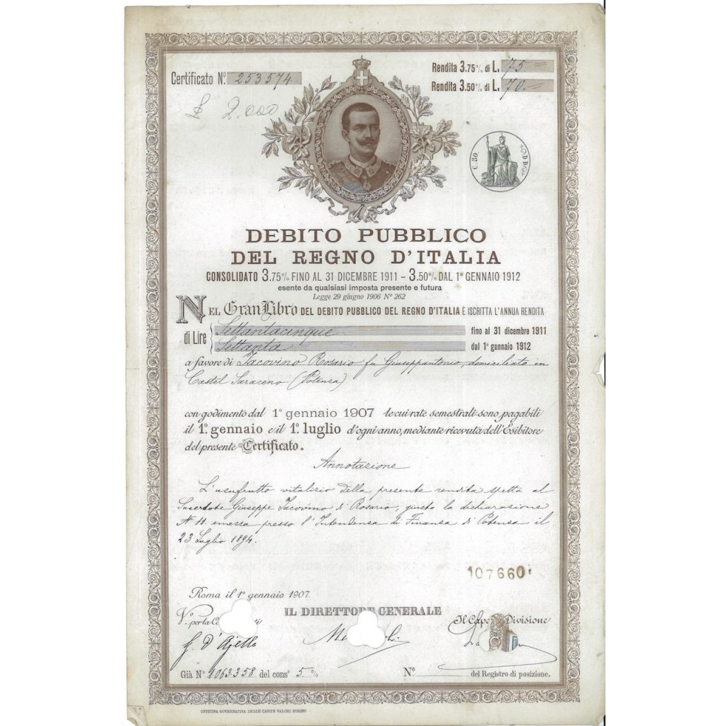 CERTIFICATO 3,75% - DEB. PUBBLICO REGNO D'ITALIA ROMA 1907