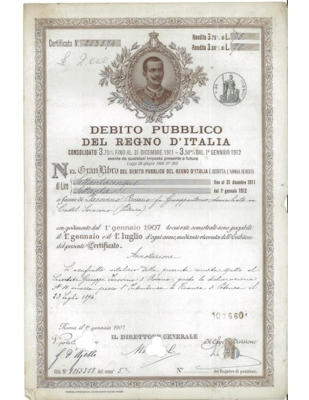 CERTIFICATO 3,75% - DEB. PUBBLICO REGNO D'ITALIA ROMA 1907