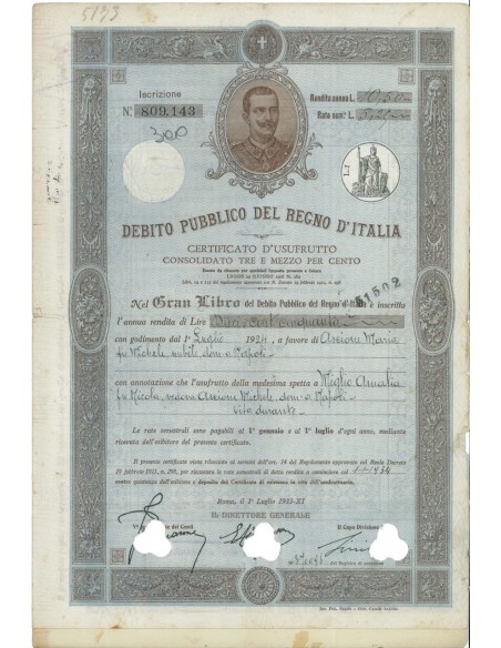 CERTIFICATO 3,50% - DEB. PUBBLICO REGNO D'ITALIA ROMA 1933