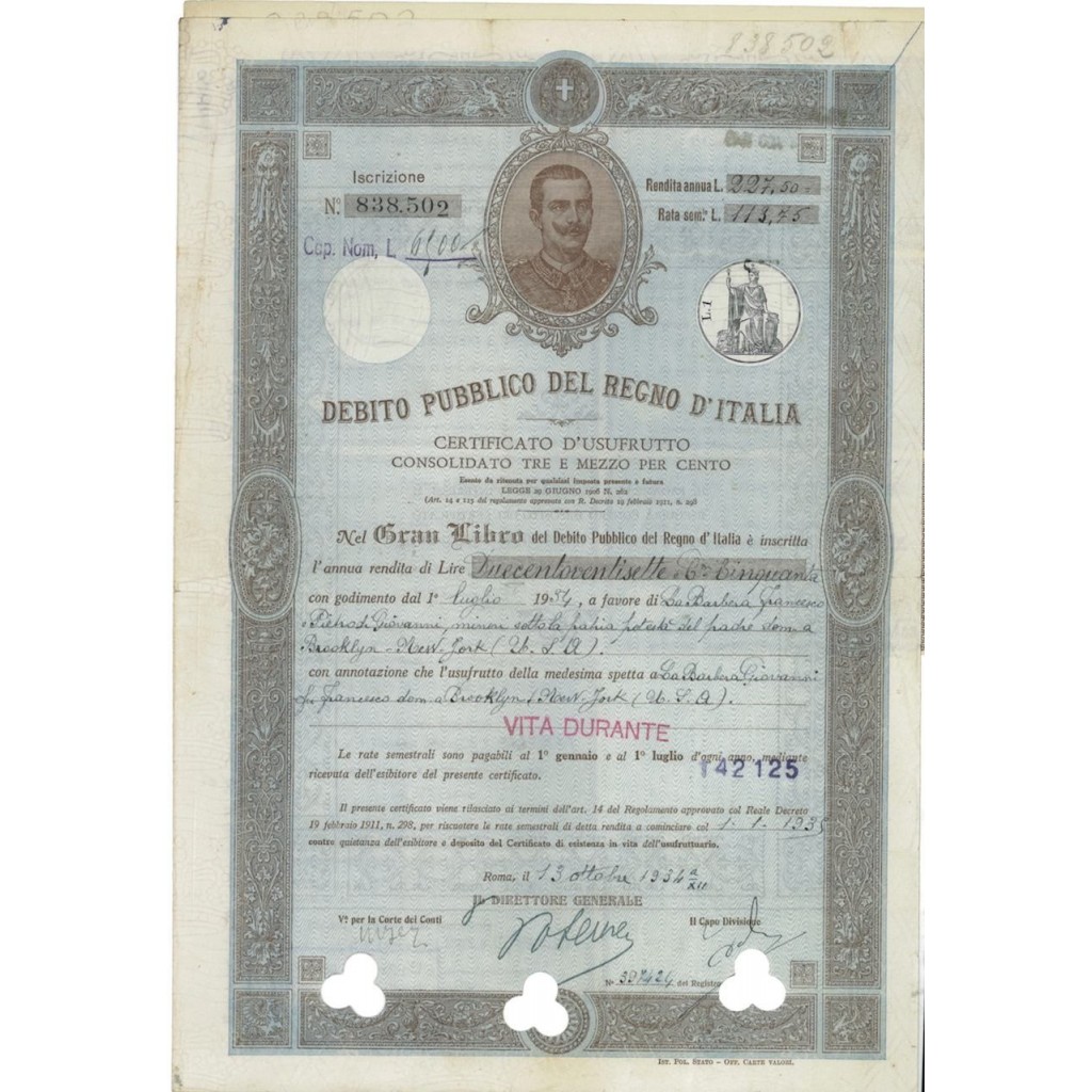 CERTIFICATO D'USUFRUTTO 3,50% - DEB. PUBBLICO REGNO D'ITALIA ROMA 1934