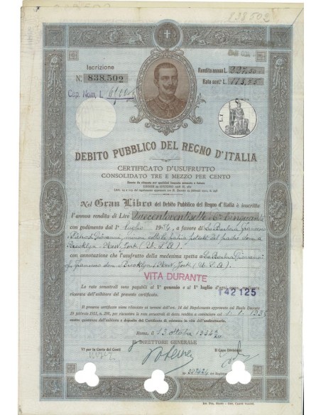 CERTIFICATO D'USUFRUTTO 3,50% - DEB. PUBBLICO REGNO D'ITALIA ROMA 1934