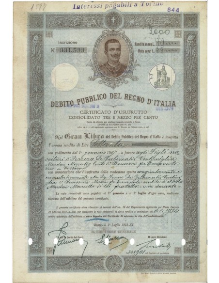 CERTIFICATO D'USUFRUTTO 3,50% - DEB. PUBBLICO REGNO D'ITALIA ROMA 1933