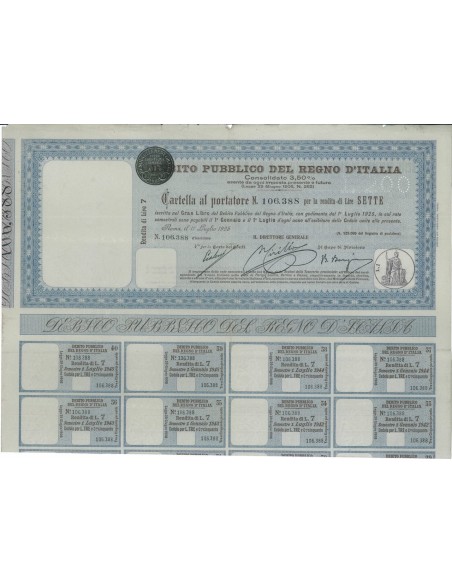CARTELLA AL PORTATORE 7 LIRE - D. PUBBLICO REGNO D'ITALIA ROMA 1925