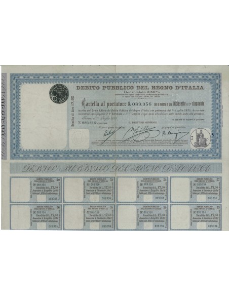 CARTELLA AL PORTATORE 17,50 LIRE - D. PUBBLICO REGNO D'ITALIA ROMA 1925