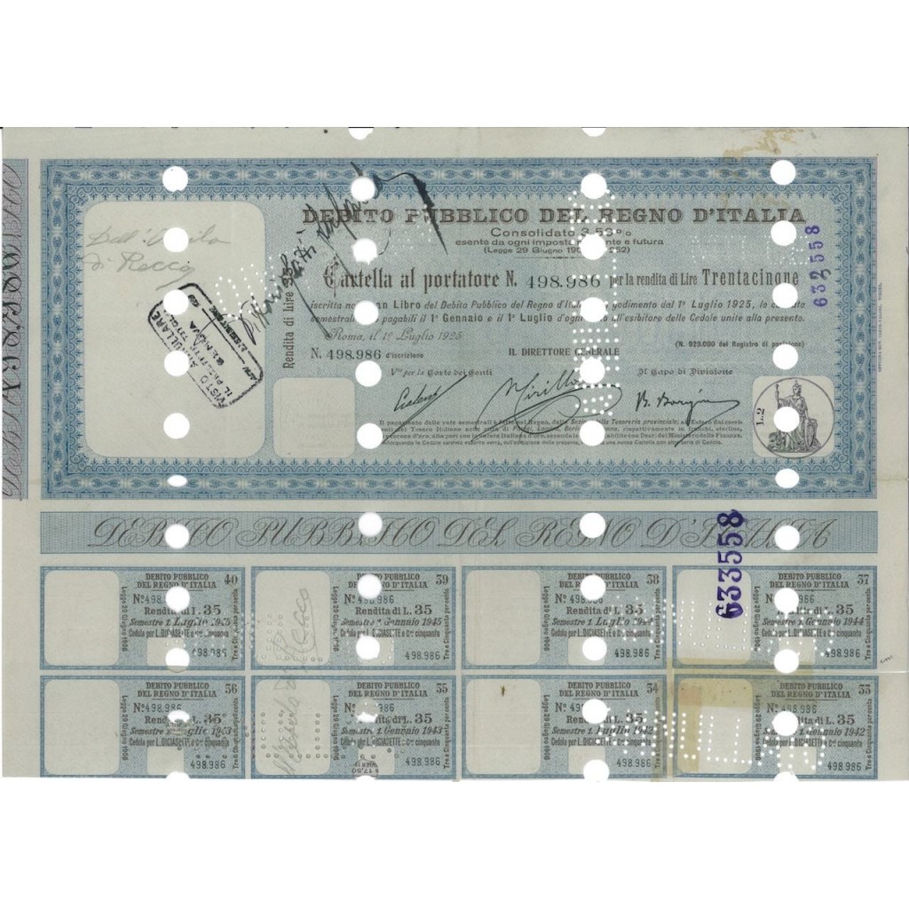 CARTELLA AL PORTATORE 35 LIRE - D. PUBBLICO REGNO D'ITALIA ROMA 1925