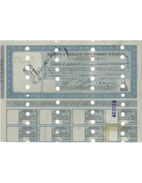 CARTELLA AL PORTATORE 35 LIRE - D. PUBBLICO REGNO D'ITALIA ROMA 1925