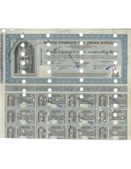 CARTELLA AL PORTATORE RENDITA 3,50 - D. PUBBLICO REGNO D'ITALIA ROMA 1945